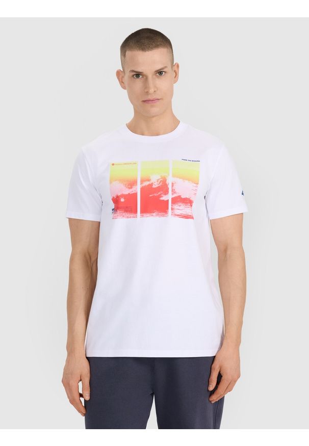 4f - 4F T-shirt regular z nadrukiem męski - biały S. Okazja: na co dzień. Kolor: biały. Materiał: bawełna, jersey, materiał. Długość rękawa: krótki rękaw. Długość: krótkie. Wzór: nadruk. Styl: sportowy, klasyczny, casual