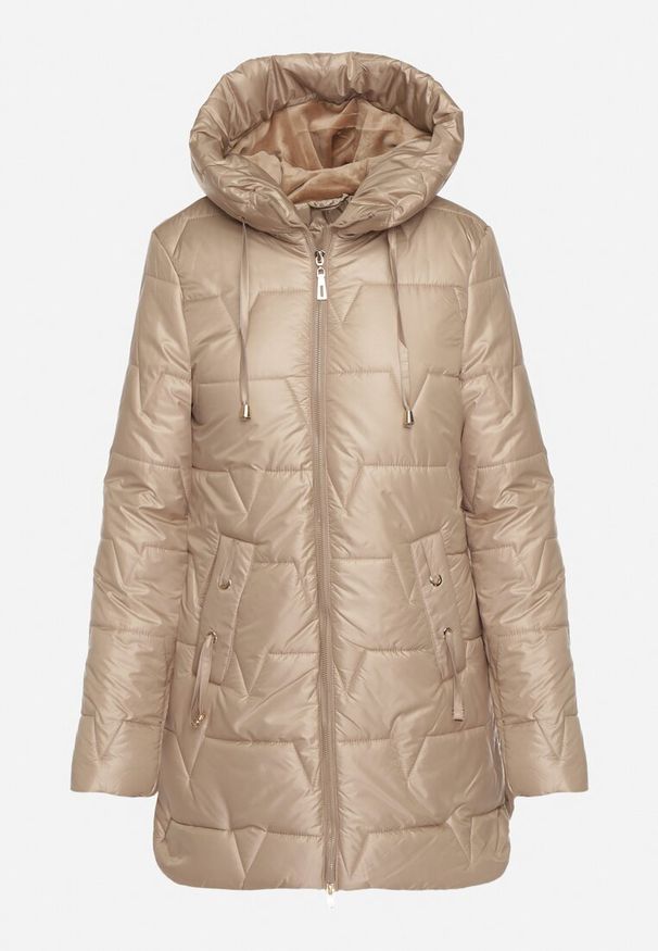 Born2be - Beżowa Pikowana Kurtka Przejściowa z Bocznymi Suwakami i Kapturem Soralessa. Okazja: do pracy, na co dzień, na spotkanie biznesowe. Kolor: beżowy. Materiał: dzianina, jeans. Długość rękawa: długi rękaw. Długość: długie. Styl: casual, biznesowy