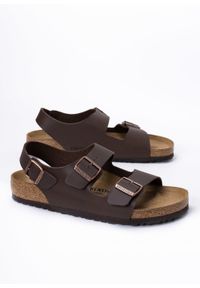 Sandały Unisex Birkenstock Milano BF (34701). Okazja: na co dzień, na spacer. Zapięcie: pasek. Kolor: brązowy. Materiał: skóra, materiał. Wzór: paski. Sezon: lato. Styl: klasyczny, młodzieżowy, casual, sportowy