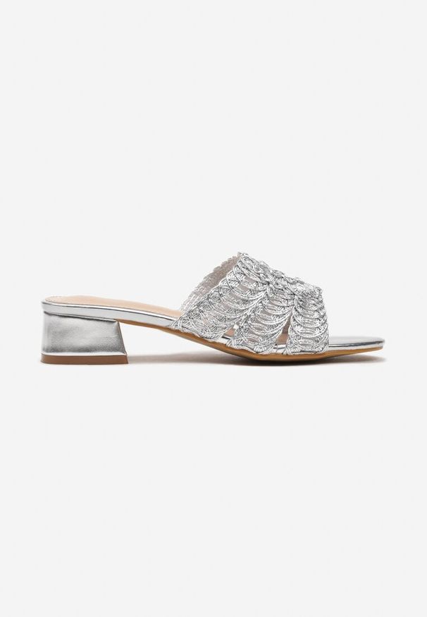 Renee - Srebrne Klapki na Niskim Obcasie z Szerokim Ozdobnym Paskiem z Plecionki Starphina. Kolor: srebrny. Materiał: len, jeans. Sezon: lato. Obcas: na obcasie. Styl: elegancki. Wysokość obcasa: niski