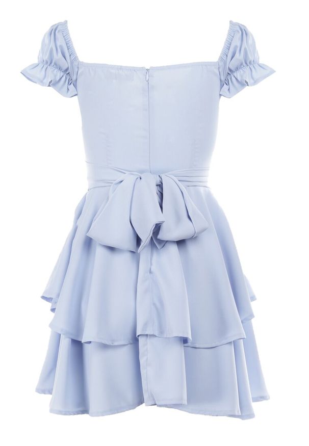 Born2be - Niebieska Sukienka Aikialla. Typ kołnierza: kołnierz z falbankami. Kolor: niebieski. Materiał: tkanina, materiał. Wzór: gładki, jednolity, aplikacja. Długość: mini
