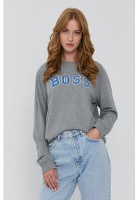 BOSS - Boss Bluza bawełniana damska kolor szary z aplikacją. Kolor: szary. Materiał: bawełna. Długość rękawa: długi rękaw. Długość: długie. Wzór: aplikacja #3