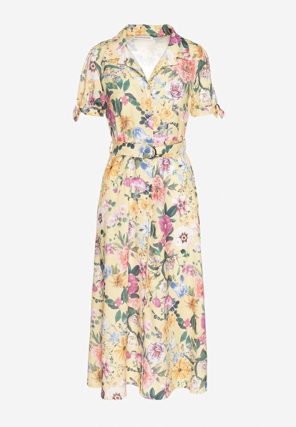 Born2be - Żółta Rozkloszowana Sukienka o Koszulowym Kroju z Paskiem w Kwiatowy Wzór Fevelorine. Okazja: na co dzień. Kolor: żółty. Wzór: kwiaty. Typ sukienki: koszulowe. Styl: casual