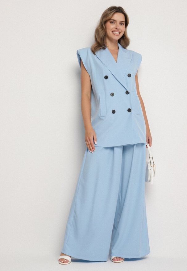 Born2be - Niebieskie Szerokie Garniturowe Spodnie z Wysokim Stanem Perisse. Stan: podwyższony. Kolor: niebieski. Styl: elegancki