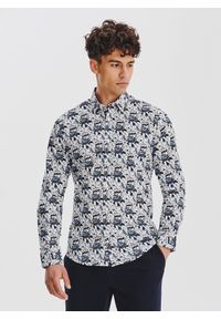 Pako Lorente - PAKO LORENTE - Biała koszula męska niebieskie kwiaty. Kolor: biały, niebieski, wielokolorowy. Materiał: bawełna, elastan. Długość rękawa: długi rękaw. Długość: długie. Wzór: kwiaty. Sezon: jesień #1