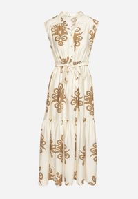 Born2be - Jasnobeżowa Rozkloszowana Sukienka z Wiskozy z Wiązanym Paskiem w Etniczny Wzór Mirinora. Okazja: na co dzień. Typ kołnierza: dekolt w kształcie V. Kolor: beżowy. Materiał: wiskoza. Styl: casual, elegancki, boho, klasyczny #3