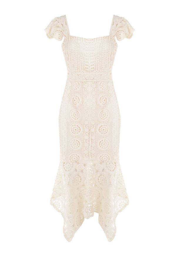 Born2be - Beżowa Sukienka Adene. Kolor: beżowy. Materiał: koronka. Długość rękawa: na ramiączkach. Wzór: ażurowy. Długość: midi