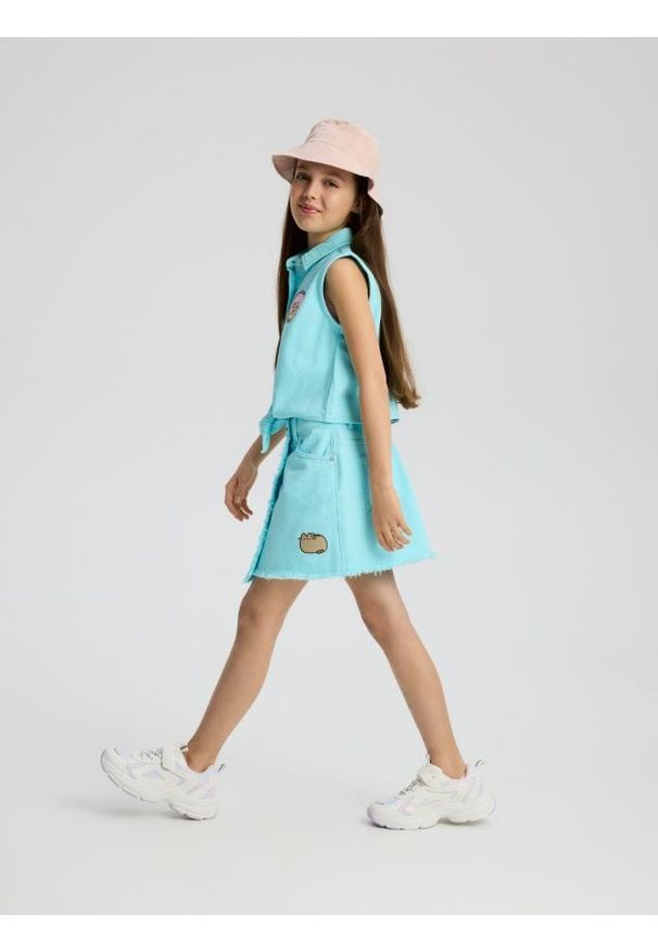 Reserved - Spódnica z łańcuszkiem Pusheen - jasnoturkusowy. Kolor: turkusowy. Materiał: bawełna, tkanina. Długość: krótkie