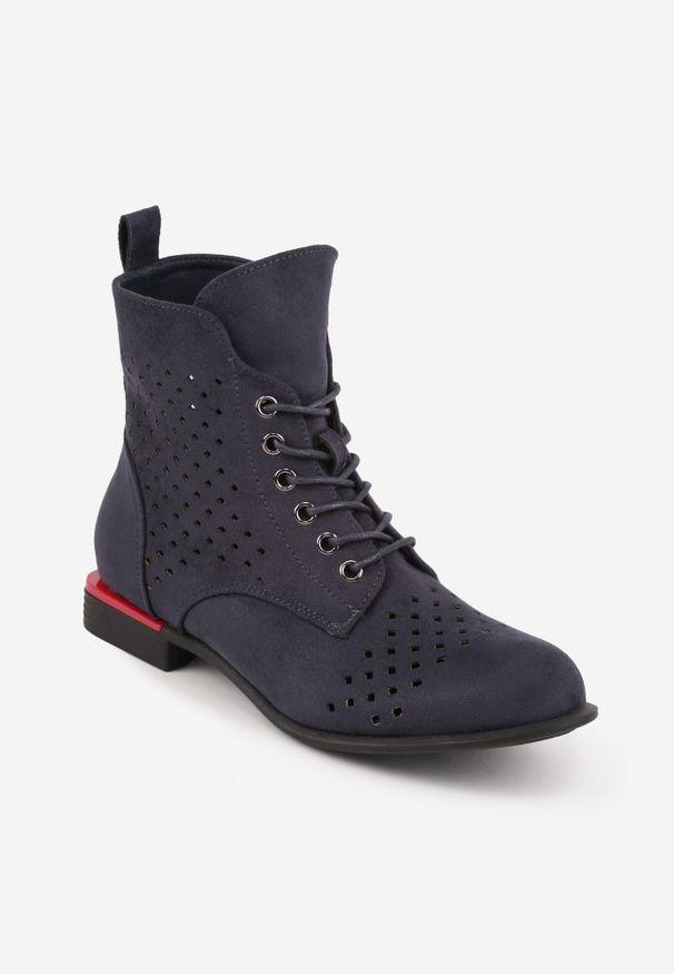 Renee - Granatowe Botki VICES z Ażurowymi Zdobieniami w Stylu Retro Limoni. Okazja: na co dzień. Zapięcie: sznurówki. Kolor: niebieski. Materiał: jeans. Szerokość cholewki: normalna. Wzór: aplikacja, ażurowy. Styl: retro