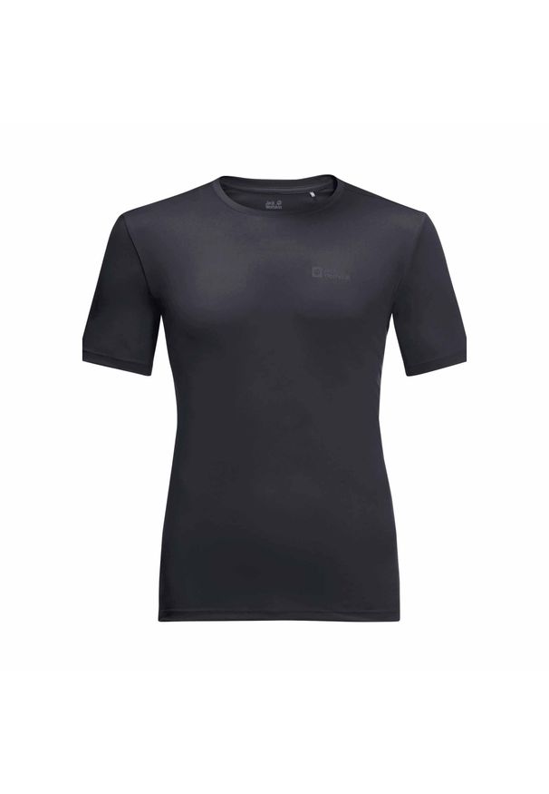 Koszulka sportowa męska Jack Wolfskin 18070726000. Kolor: czarny. Materiał: poliester. Długość rękawa: krótki rękaw. Długość: krótkie. Sport: turystyka piesza