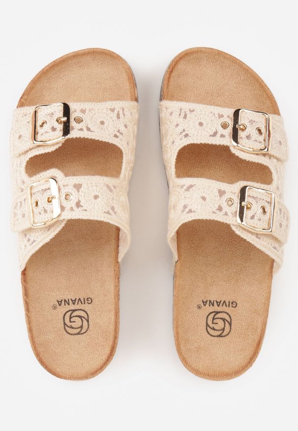 Renee - Beżowe Szydełkowe Klapki z Paskami ze Sprzączkami na Podeszwie z Imitacji Korka Elriess. Okazja: na co dzień. Kolor: beżowy. Materiał: jeans. Wzór: paski, ażurowy. Styl: boho, klasyczny, casual