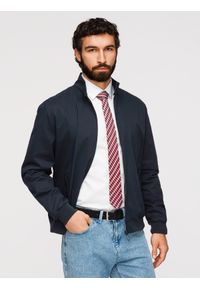 Ombre Clothing - Kurtka męska Harrington ze stójką i podszewką w kratę - granatowa V2 - Rozmiar: XXL. Okazja: na co dzień, do pracy. Typ kołnierza: kołnierzyk stójkowy. Kolor: niebieski. Materiał: poliester, jeans, skóra, bawełna, tkanina, materiał. Styl: casual