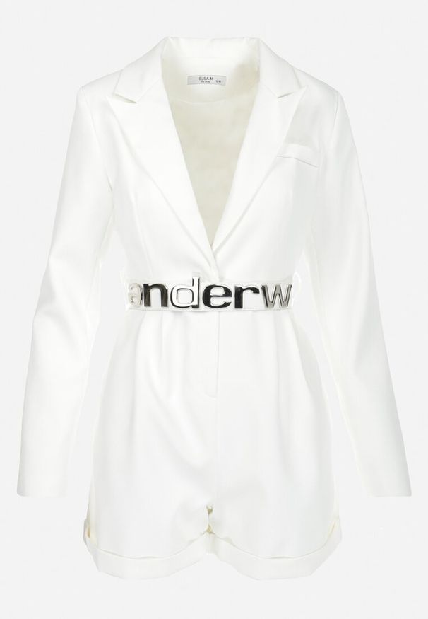 Born2be - Biały Kombinezon o Kroju Marynarki z Paskiem Phariso. Okazja: na co dzień, na spotkanie biznesowe. Kolor: biały. Materiał: jeans. Długość rękawa: długi rękaw. Długość: długie. Styl: casual, biznesowy, klasyczny, wizytowy