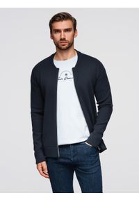 Ombre Clothing - Sweter męski gładki na zamek – granatowy V1 - Rozmiar: XXL. Okazja: na co dzień. Kolor: niebieski. Materiał: poliester, jeans, dzianina, jersey, poliamid, wiskoza. Wzór: gładki. Styl: casual