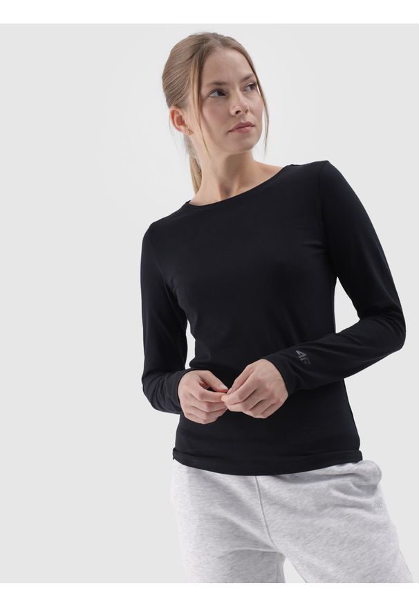 4f - 4F Longsleeve slim gładki damski - czarny L. Okazja: na co dzień. Kolor: czarny. Materiał: materiał, bawełna, jersey, dzianina, elastan. Długość rękawa: długi rękaw. Długość: długie. Wzór: gładki. Styl: sportowy, klasyczny, casual