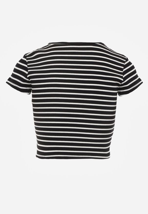 Born2be - Czarny Bawełniany Krótki Prążkowany Top w Paski z Wycięciem przy Dekolcie Isereia. Okazja: na co dzień. Kolor: czarny. Materiał: bawełna, prążkowany. Długość: krótkie. Wzór: paski. Styl: casual