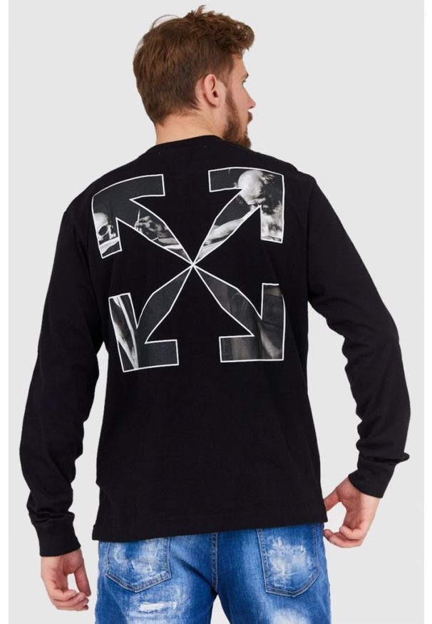 OFF-WHITE Czarny longsleeve męski z nadrukiem na plecach, Rozmiar S. Kolor: czarny. Materiał: prążkowany. Długość rękawa: długi rękaw. Wzór: nadruk