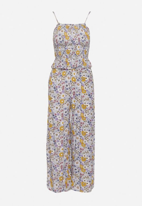 Born2be - Fioletowy Bawełniany Komplet Top na Ramiączkach z Marszczeniami Spodnie z Gumką w Pasie Elaruth. Kolor: fioletowy. Materiał: bawełna. Wzór: kwiaty