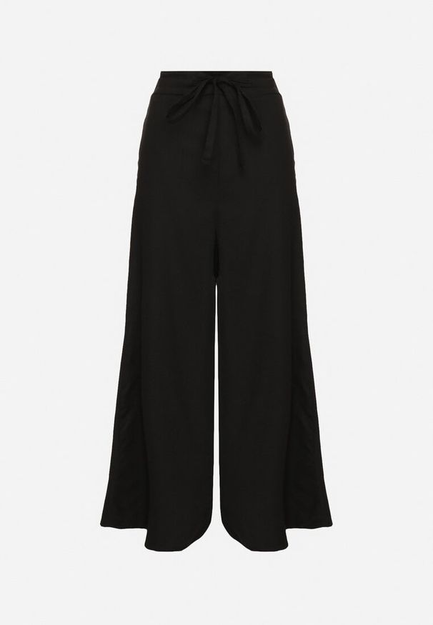 Born2be - Czarne Szerokie Spodnie z Bawełny z Wysokim Stanem z Troczkiem Nelseli. Okazja: na co dzień. Stan: podwyższony. Kolor: czarny. Materiał: bawełna. Styl: casual