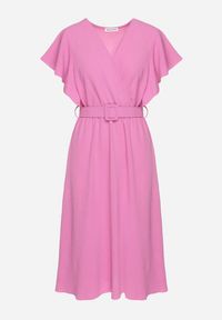 Born2be - Różowa Sukienka z Kopertowym Dekoltem i Paskiem Sizue. Kolor: różowy. Typ sukienki: kopertowe #7