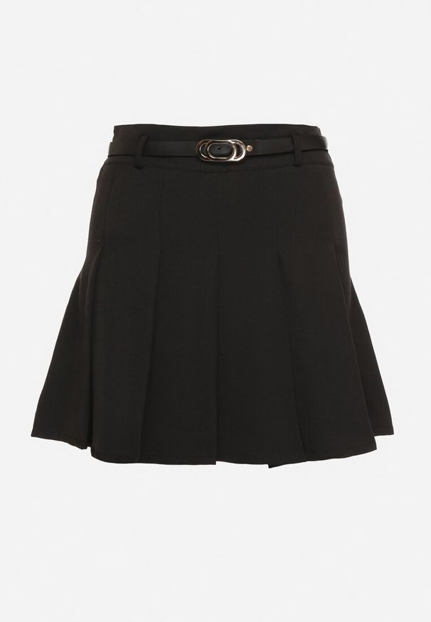 Born2be - Czarna Plisowana Spódnica z Wiskozą Ozdobiona Paskiem Semarise. Okazja: na co dzień. Kolor: czarny. Materiał: wiskoza. Wzór: aplikacja. Styl: elegancki, casual