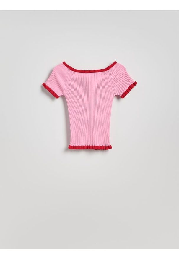 Reserved - Bluzka z ozdobną lamówką - różowy. Kolor: różowy. Materiał: dzianina, prążkowany, wiskoza