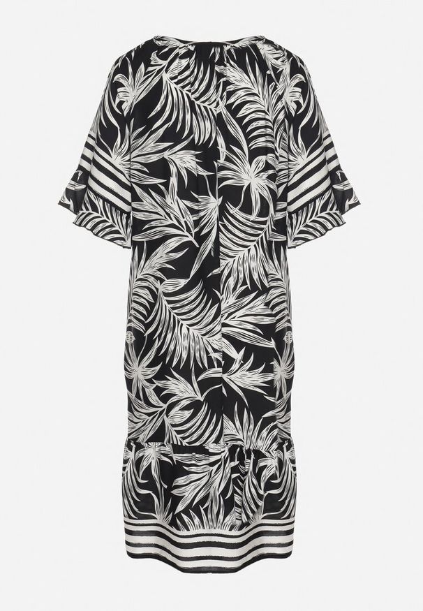 Born2be - Czarna Sukienka o Pudełkowym Kroju z Wiązaniem przy Dekolcie w Roślinny Wzór Mirionela. Kolor: czarny. Długość rękawa: krótki rękaw