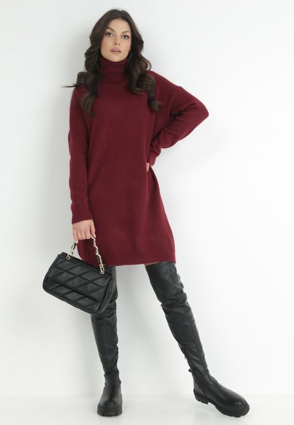 Born2be - Bordowa Sukienka Dzianinowa Classificator. Okazja: na co dzień. Typ kołnierza: golf. Kolor: czerwony. Materiał: dzianina. Długość rękawa: długi rękaw. Sezon: zima, jesień. Typ sukienki: proste. Styl: casual