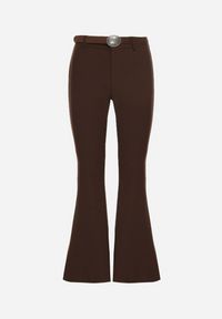 Born2be - Brązowe Spodnie Dzwony z Wiskozy z Bawełną z Wysokim Stanem Ozdobione Paskiem Liadona. Okazja: do pracy, na co dzień. Stan: podwyższony. Kolor: brązowy. Materiał: bawełna, wiskoza. Wzór: aplikacja. Styl: klasyczny, casual, elegancki #5