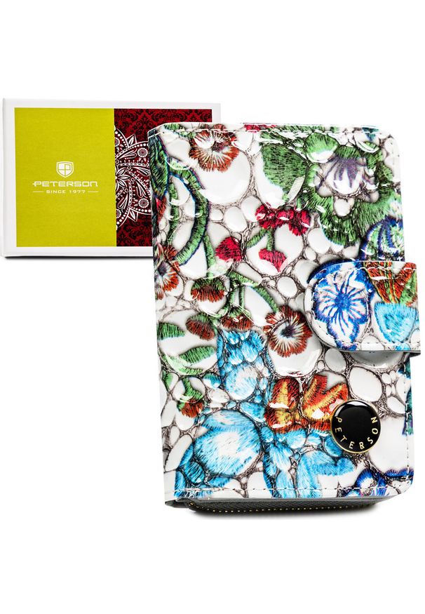 Wielokolorowy, pionowy portfel damski ze skóry naturalnej zamykany zatrzaskiem i suwakiem PTN PH31-LFL Peterson. Kolor: wielokolorowy. Materiał: skóra. Wzór: aplikacja, kwiaty