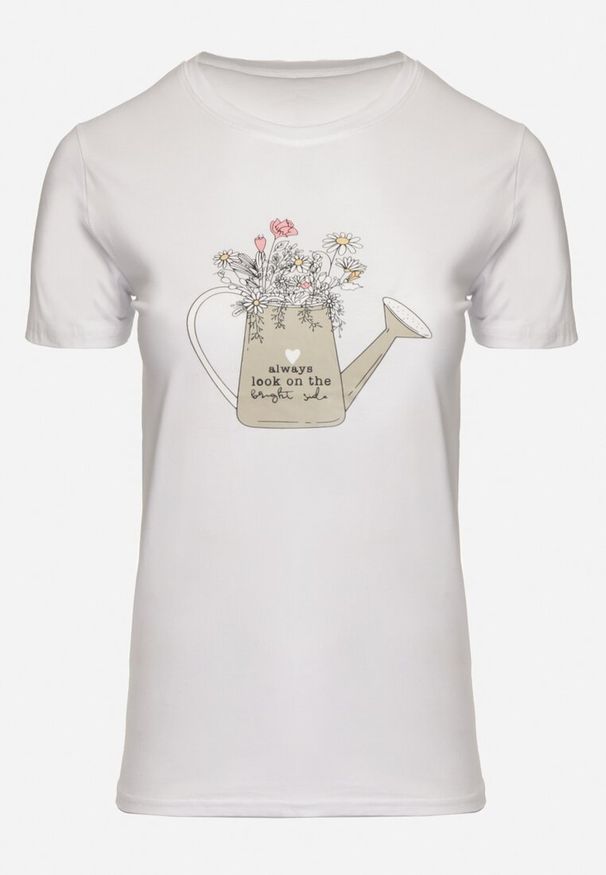 Born2be - Biały Bawełniany T-shirt z Ozdobnym Nadrukiem Littana. Okazja: na co dzień. Kolor: biały. Materiał: bawełna. Wzór: nadruk. Sezon: lato, wiosna. Styl: klasyczny, casual