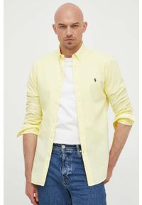 Polo Ralph Lauren koszula bawełniana męska kolor żółty slim z kołnierzykiem button-down. Okazja: na co dzień. Typ kołnierza: button down, polo. Kolor: żółty. Materiał: bawełna. Wzór: aplikacja. Styl: casual