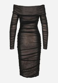 Born2be - Czarna Marszczona Sukienka Siateczkowa Hiszpanka z Wywiniętym Dekoltem Tinaveris. Typ kołnierza: dekolt hiszpanka. Kolor: czarny. Długość rękawa: długi rękaw. Sezon: lato. Styl: elegancki, klasyczny #7