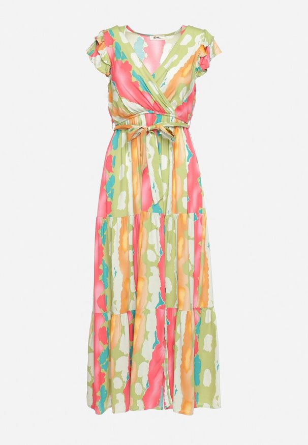 Born2be - Zielono-Czerwona Rozkloszowana Sukienka z Gumką w Talii i Paskiem Xeneviana. Okazja: na co dzień, na randkę. Typ kołnierza: dekolt w serek. Kolor: zielony. Materiał: wiskoza, tkanina, materiał. Sezon: lato. Typ sukienki: proste. Styl: casual