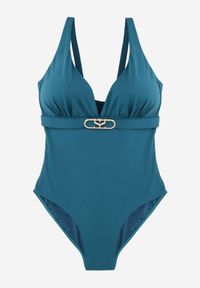 Born2be - Ciemnozielony Elegancki Strój Kąpielowy Jednoczęściowy z Metaliczną Aplikacją Vilinaith. Kolekcja: plus size. Kolor: zielony. Wzór: aplikacja #6