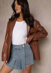 Renee - Niebieskie Plisowane Jeansowe Spódnico-Szorty z Bawełny Firvesia. Okazja: na co dzień. Stan: podwyższony. Kolor: niebieski. Materiał: bawełna, jeans. Styl: elegancki, casual