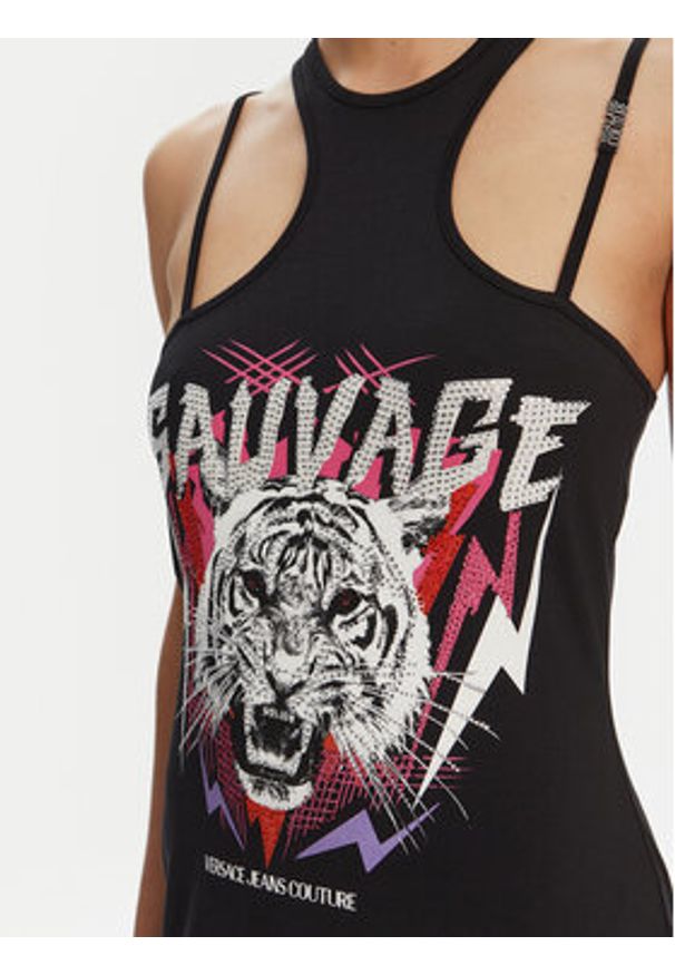 Versace Jeans Couture Sukienka codzienna Logo Fringes 78HAOE01 CJ02E Czarny Regular Fit. Okazja: na co dzień. Kolor: czarny. Materiał: bawełna. Typ sukienki: proste. Styl: casual