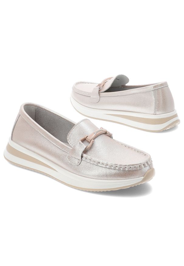 Srebrno-Różowe Mokasyny S.Barski Eleganckie Obuwie Damskie. Okazja: na spacer, na co dzień. Kolor: srebrny. Materiał: materiał. Wzór: aplikacja. Styl: elegancki
