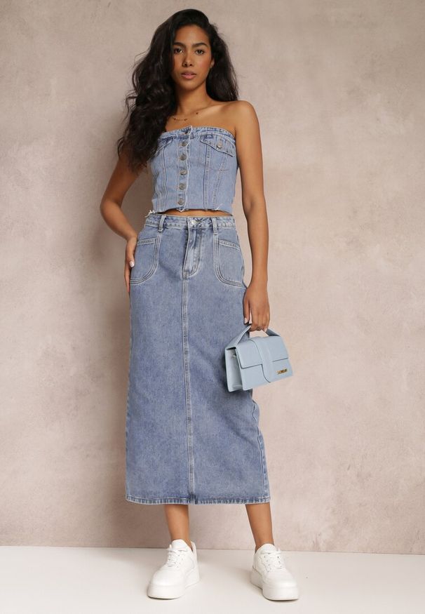 Renee - Niebieska Spódnica Jeansowa Midi z Wysokim Stanem Zakila. Stan: podwyższony. Kolor: niebieski. Materiał: jeans