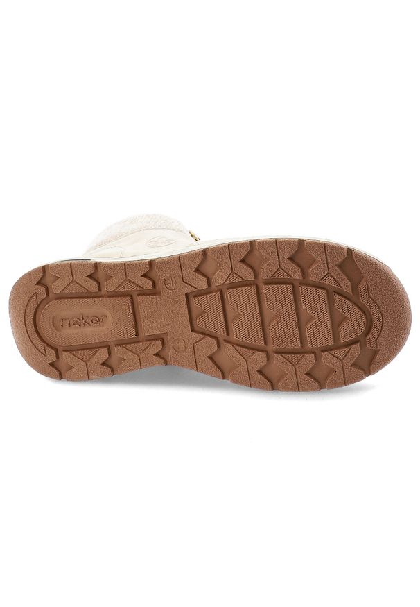 Botki damskie Rieker, antistress na grubej podeszwie ocieplane na suwak i za kostkę, beżowe, 44555-60. Okazja: na co dzień. Wysokość cholewki: za kostkę. Zapięcie: sznurówki. Kolor: beżowy. Materiał: dzianina, jeans. Szerokość cholewki: normalna. Styl: casual, sportowy