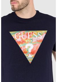 Guess - GUESS Granatowy bawełniany męski T-shirt slim fit, Rozmiar XXL. Kolor: niebieski. Materiał: bawełna. Wzór: aplikacja #2
