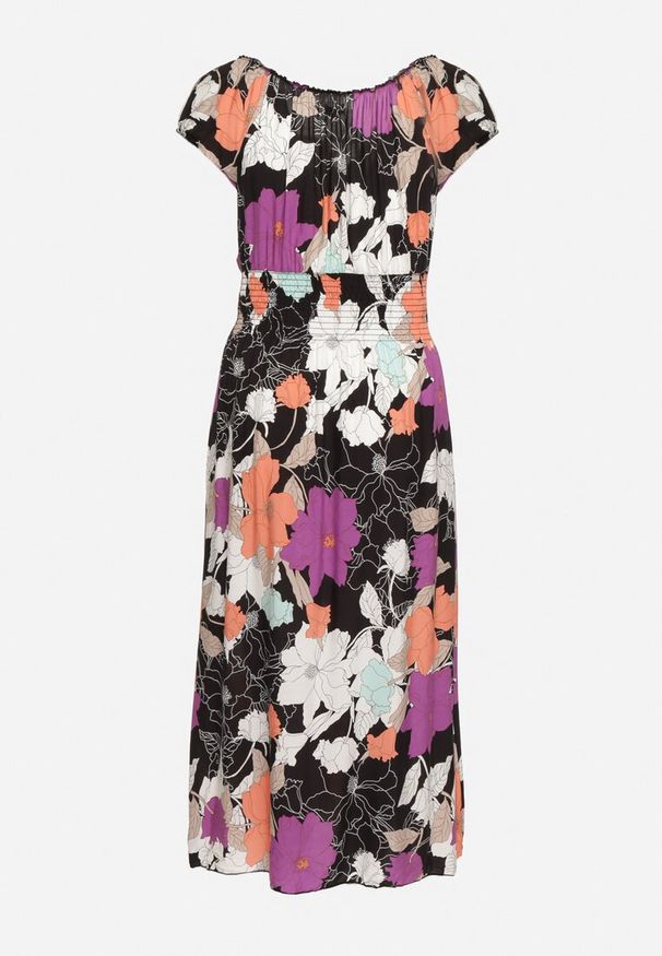 Born2be - Czarno-Fioletowa Sukienka z Bawełny o Rozkloszowanym Kroju z Gumką w Talii Euretta. Okazja: na co dzień. Kolor: czarny. Materiał: bawełna. Sezon: lato. Typ sukienki: rozkloszowane. Styl: casual, klasyczny