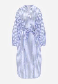 Born2be - Niebieska Pudełkowa Sukienka z Bawełny Zdobiona Haftem i Wiązanym Paskiem Nahssa. Okazja: na co dzień. Kolor: niebieski. Materiał: bawełna. Wzór: aplikacja, haft. Typ sukienki: proste. Styl: casual, klasyczny #6