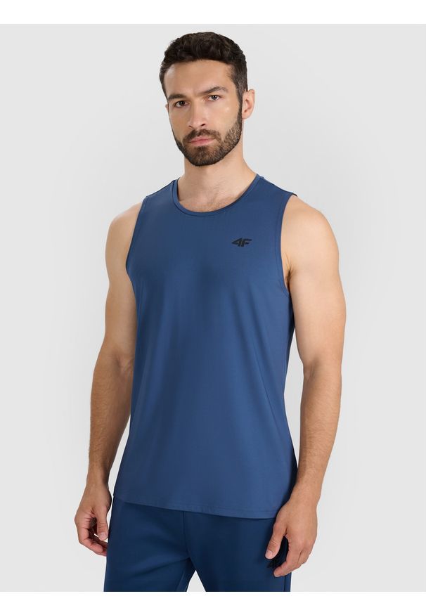 4f - 4F Tank top treningowy szybkoschnący męski - granatowy L. Kolor: niebieski. Materiał: elastan, włókno, syntetyk, materiał. Wzór: ze splotem. Sport: fitness