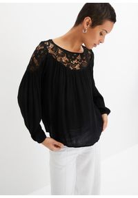 bonprix - Tunika z lejącej wiskozy. Kolor: czarny. Materiał: wiskoza, koronka. Wzór: koronka #1