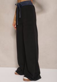 Renee - Czarne Spodnie z Bawełną o Szerokim Kroju High Waist Ozdobione Sznurkami Annoriel. Okazja: na co dzień. Stan: podwyższony. Kolor: czarny. Materiał: bawełna. Długość: krótkie. Wzór: aplikacja. Styl: casual, elegancki #4
