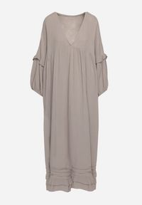 Born2be - Ciemnobeżowa Bawełniana Muślinowa Sukienka Ozdobiona Falbanką Perisea. Okazja: na co dzień. Typ kołnierza: dekolt w kształcie V. Kolor: beżowy. Materiał: bawełna. Wzór: aplikacja. Typ sukienki: proste. Styl: casual #2