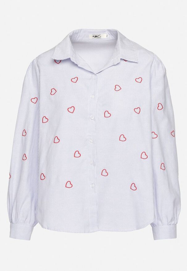 Born2be - Niebiesko-Czerwona Bawełniana Koszula z Ozdobnym Haftem Doviene. Okazja: na co dzień. Kolor: niebieski. Materiał: bawełna. Długość rękawa: długi rękaw. Długość: długie. Wzór: haft. Styl: elegancki, casual, klasyczny