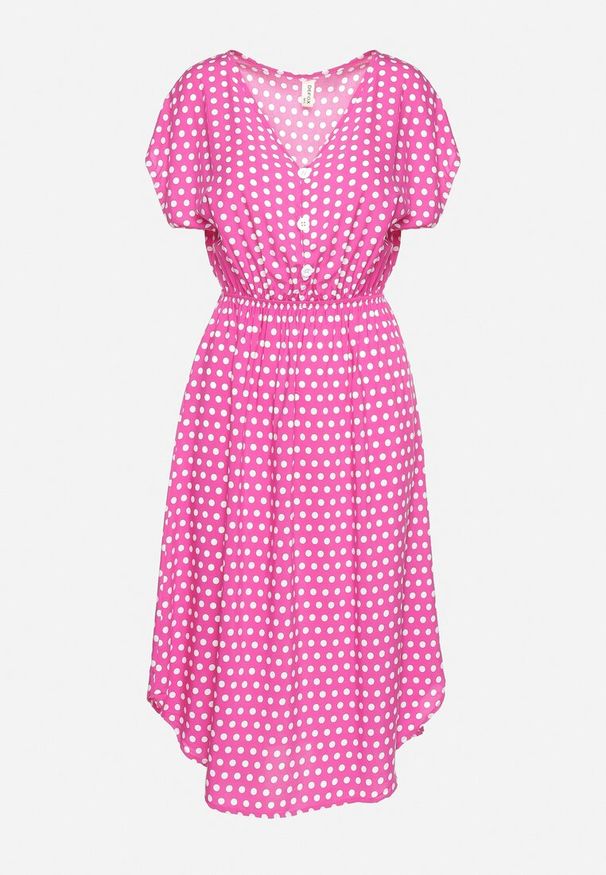 Born2be - Różowa Bawełniana Sukienka z Gumką w Pasie i Falbanką Romilla. Kolor: różowy. Materiał: bawełna. Sezon: lato. Styl: wizytowy