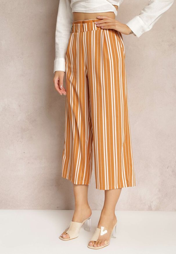 Renee - Pomarańczowe Szerokie Spodnie z Gumką w Pasie i Printem w Paski Jamiena. Kolor: pomarańczowy. Wzór: paski, nadruk